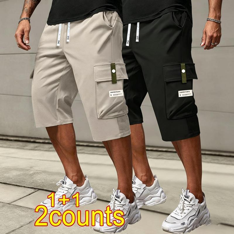 HIDKAT Men's Slim-Fit Adjustable Cargo Shorts - 2-Pcs Activewear, Breathable Polyester, Mid-Waist Drawstring, Roomy Pockets, Letter Patches, Retro Street Bottoms, All-Season Casual Chic Men's Shorts