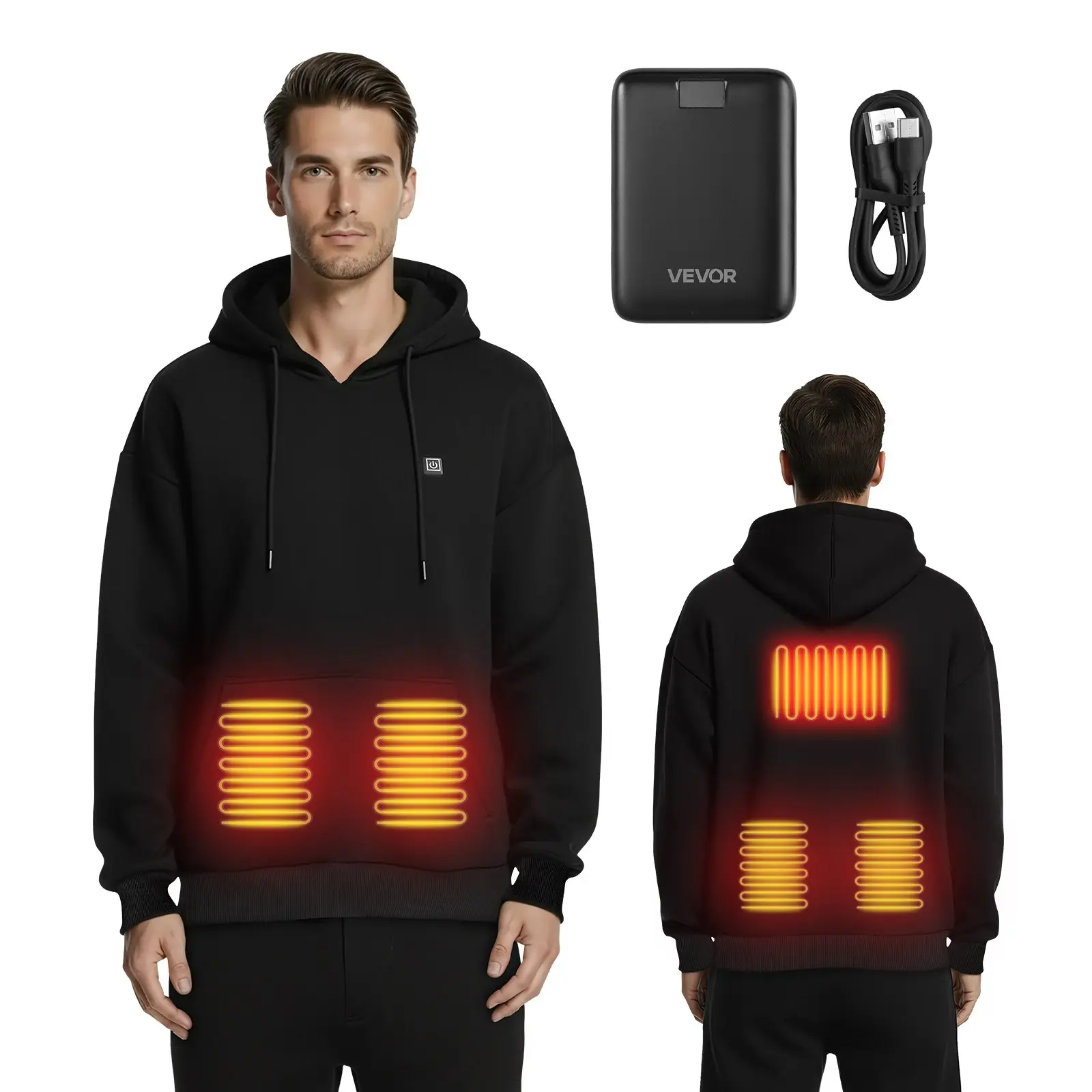 【toolupgrade】VEVOR Unisex Long Sleeve Heated Hooded Sweatshirt Jacket, 7.4V 16000mAh Rechargeable Power Bank Included, 5 Heating Zones, 3 Temp Levels, 4-8H Warmth, Winter Outdoors Camping Use, Black, S Size