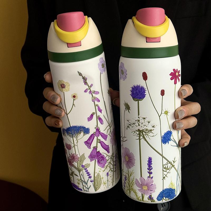 Flower Pattern Vacuum Flask, 1 Count Portable Insulated Water Bottle with Straw, Summer Cool Bottle Drinking Cup for Home Office School Outdoor Camping, Drinkware