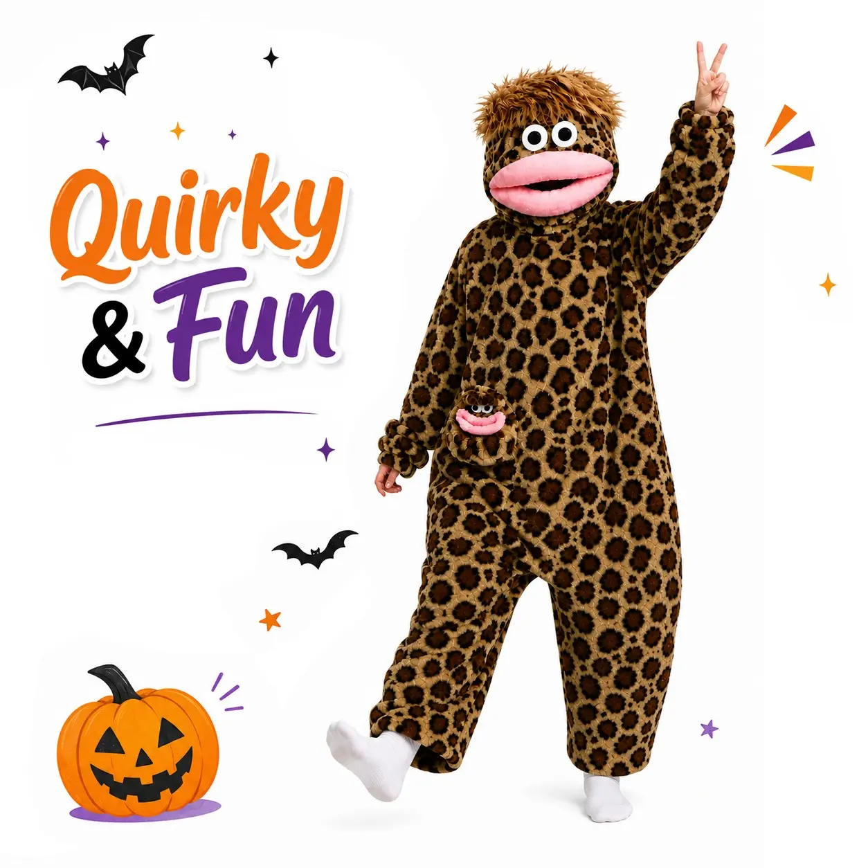 Leopard Print Party Costume, Plush Hooded Funny Character, Big Mouth & 3D Eyes, Loose Fit, Halloween, Cosplay, Fun Photoshoot