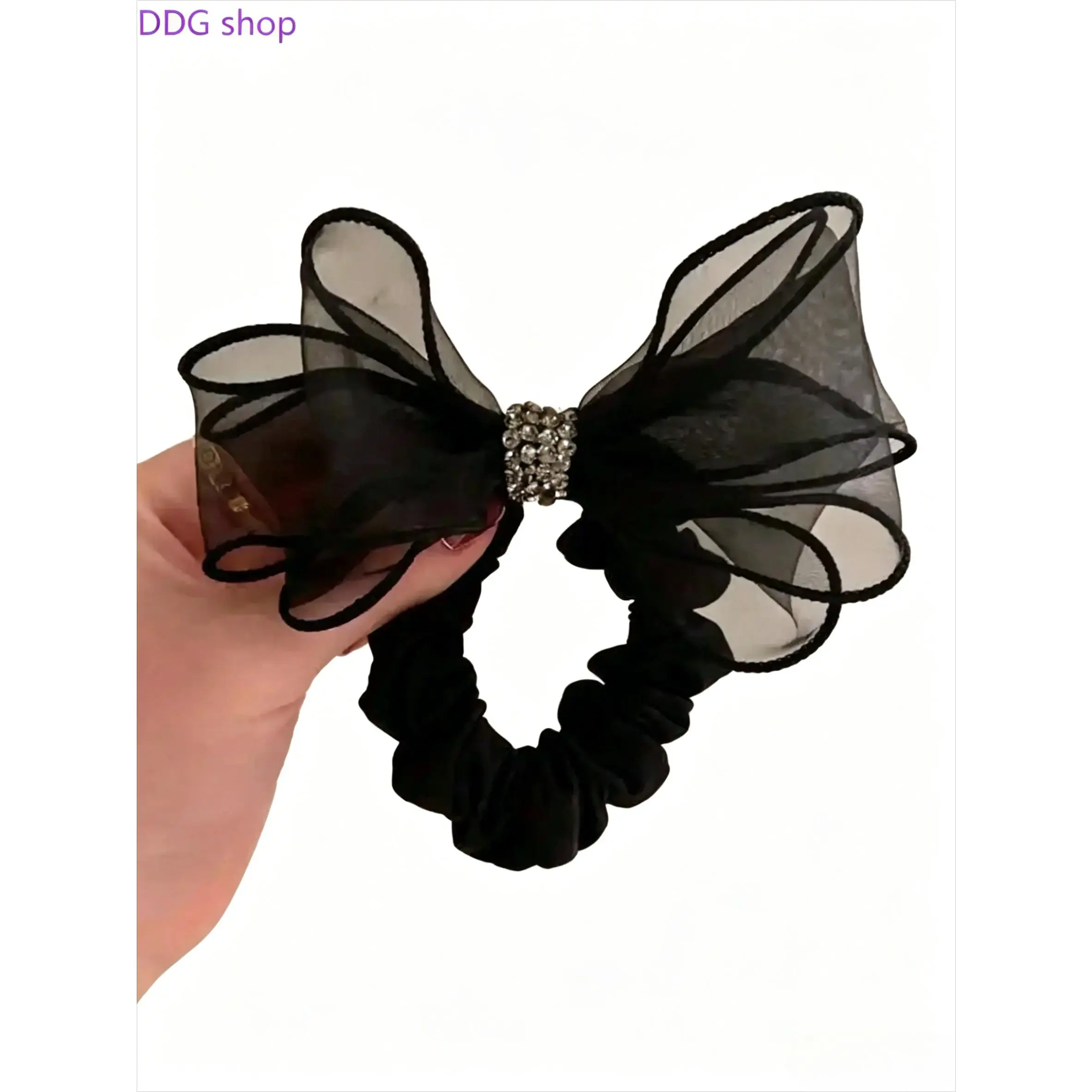 Elegant Black Tulle Bow Rhinestone Scrunchie, Mesh Layered Crystal Decor Velvet Hair Tie, Sparkly Ponytail Holder for Women Daily Hairstyle, Evening Party, Wedding & Formal Dress Matching