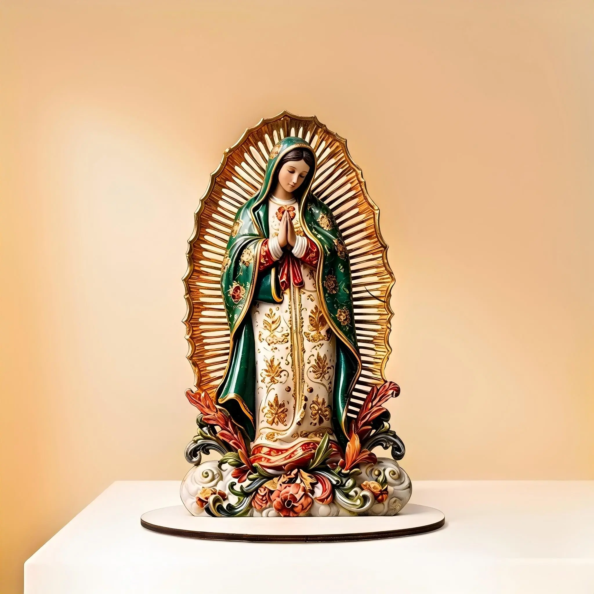 Guadalupe Virgin Mary Wooden Stand Decor, Elegant Prayer Statue Desktop Ornament, Catholic Christian Religious Gift for Home Altar, Church