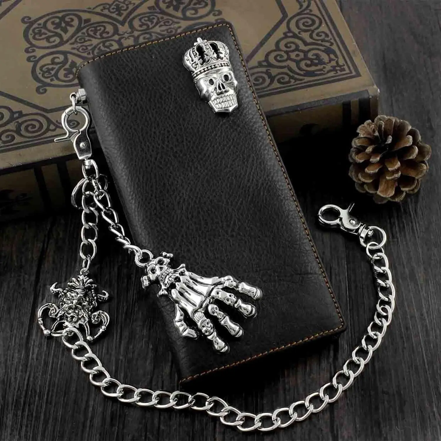 Skull Biker Punk Mens Leather Long Wallet with Jeans Key Chain