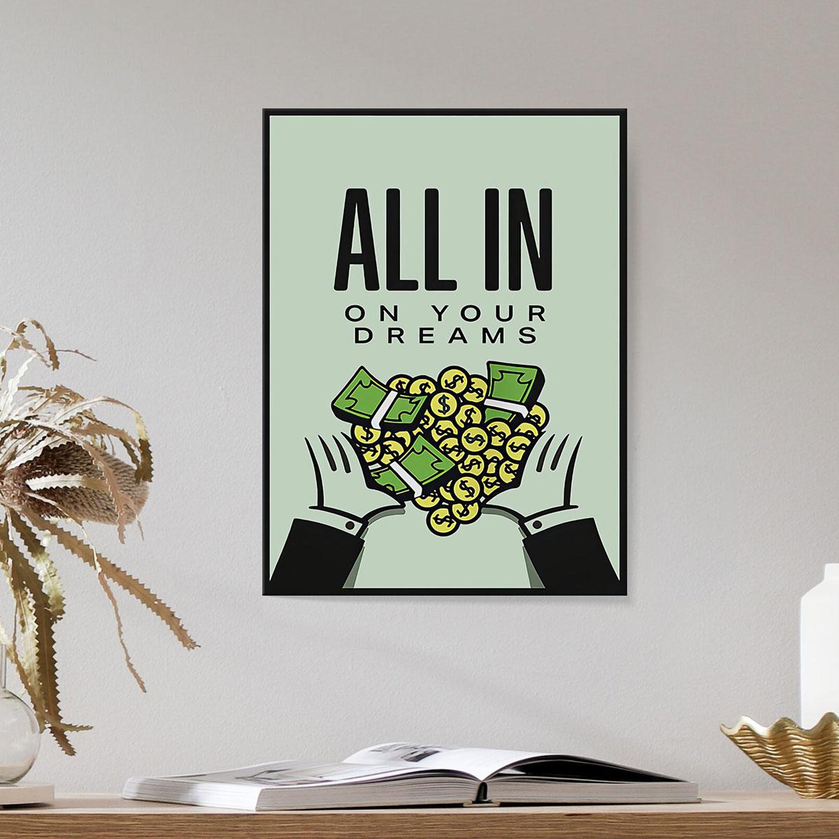 Money & Letter Pattern Painting with Wooden Frame, 1 Count Modern Canvas Wall Art, Unique Artwork, Wall Decor for Home Living Room Bedroom Office