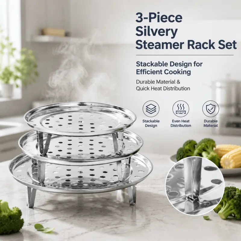 3-Piece Silver Steamer Racks Set, round in assorted sizes with stable legs. High temperature resistant and stackable, for multi-food steaming, healthy cooking and versatile use.
