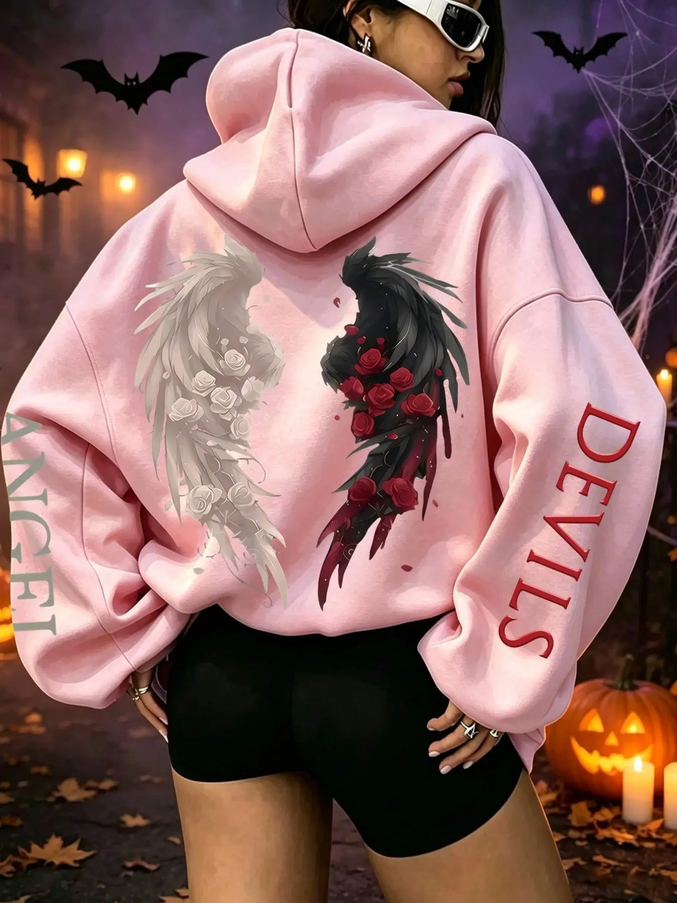 Women's Loose Fit Hooded Sweatshirt, Rose and Angel Wings Print, Casual Fashion Hoodie with Pockets, Comfortable Pattern