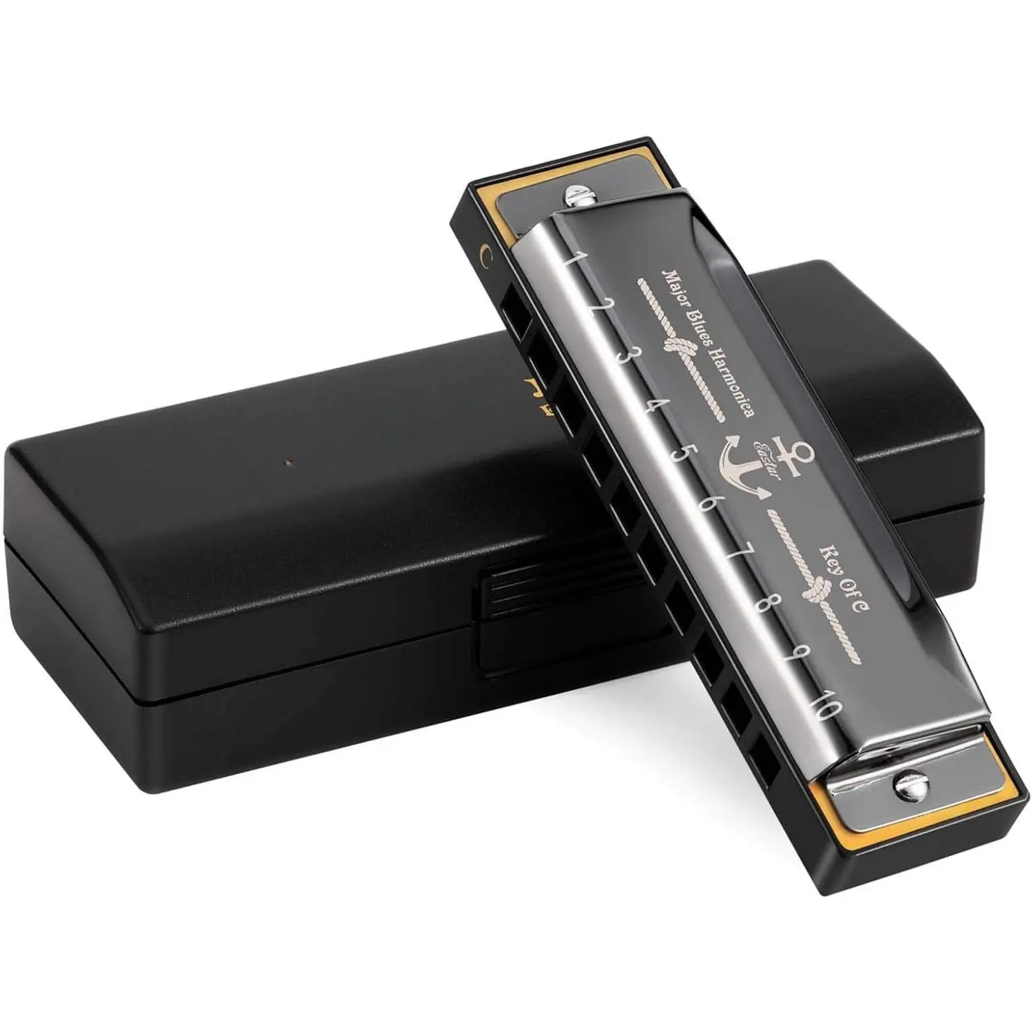 Major Blues Harmonica, 10 Holes C Key Beginner for   Adults Students, with Hard Case and Cloth, Black