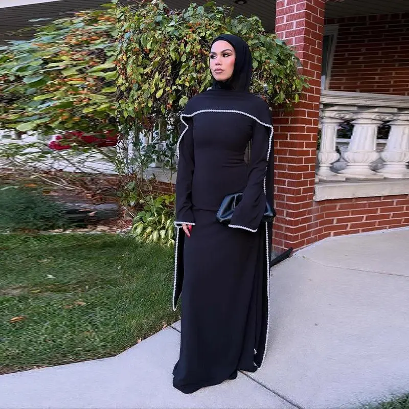 White Pearl Trim Cape Maxi Dress Women Elegant Long Sleeve Cinching Waist Muslim Robes 2026 Spring EID Abaya Lady Dresses