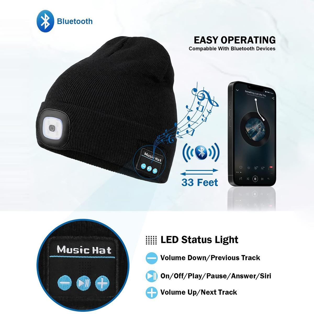 Beanie with LED Headlights & Bluetooth Speakers, USB Rechargeable Knit Warm Winter Hat Balaclava Hat for Music and Calling Sport, Outdoor, Unisex Christmas New Year Gifts