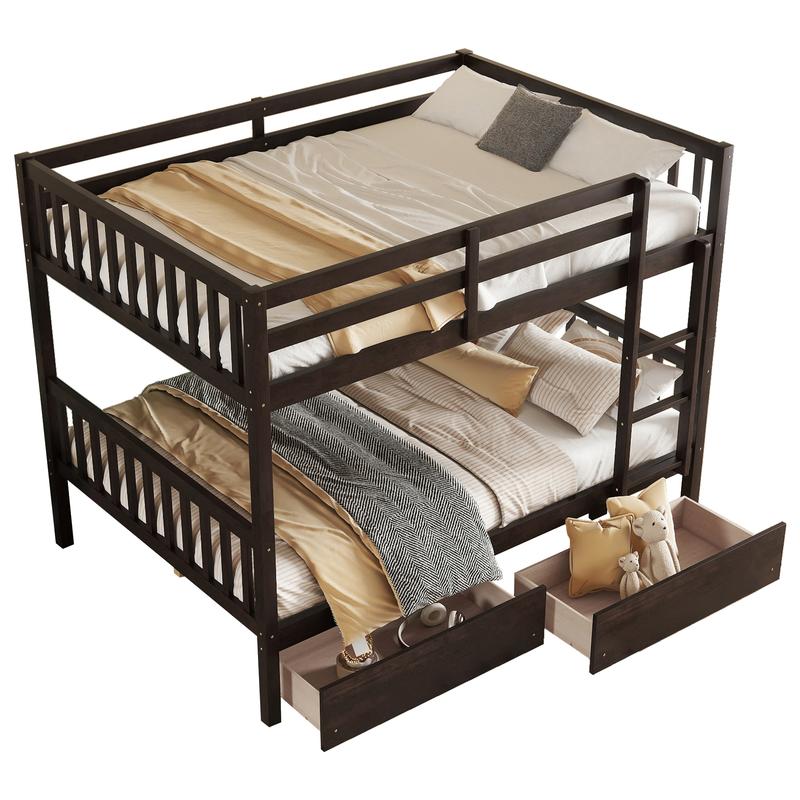 full Over full Rubber Wood Bunk Bed with 2 Drawers, Convertible into 2 full Beds, full Size Bunk Bed with Ladder and Safety Guardrails ,Espresso