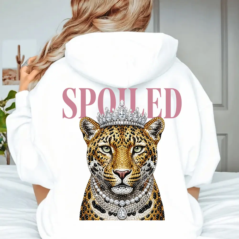 "SPOILED" Rhinestone Leopard Back Graphic Hoodie | Trendy Princess Crown Y2K Aesthetic Oversized Sweatshirt for Men Women, Baddie Streetwear Casual Comfy Pullover Top
