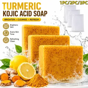 Organic Brightening Kojic Acid Soap&Deep Cleansing Facial Bar for Bright Radiant Skin with Free 3Pcs Soap Saver Exfoliating Bags lemon turmeric kojic soap