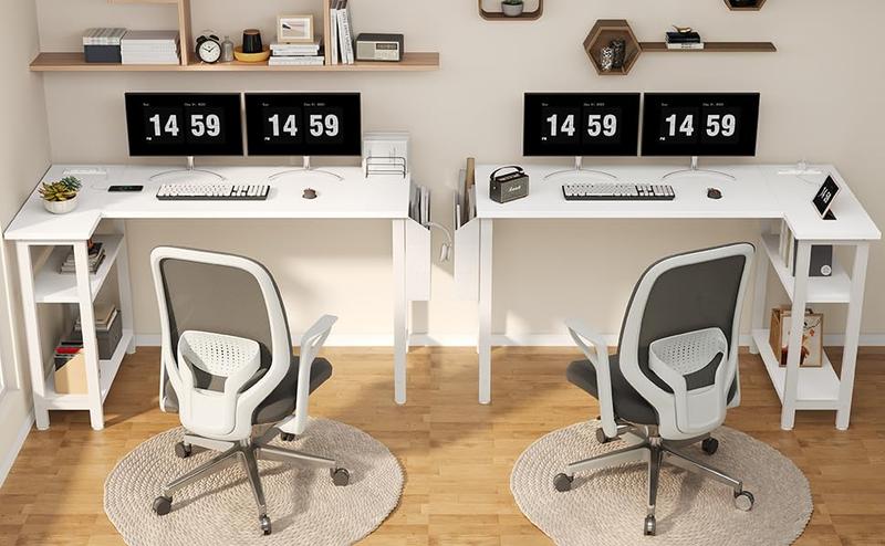 Lufeiya L Shaped Computer Desk with Power Outlet Shelves, 47 Inch Corner Desk for Home Office Bedroom, L-Shaped Study Writing Working PC Desks, Get Free Gift
