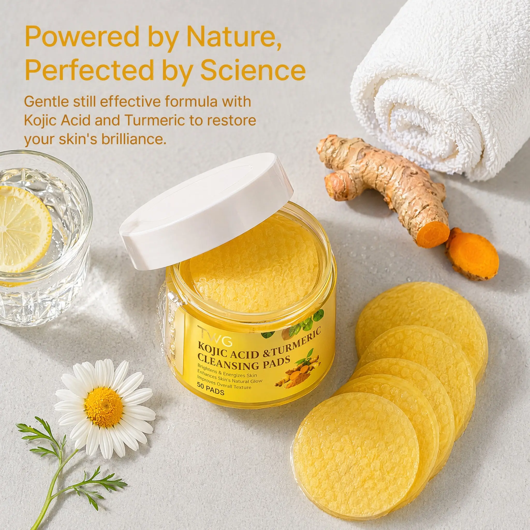 Twg 50 Pcs Turmeric Cleansing Cotton Pads, Brighten Dull Skin, Enhance Natural Glow, Improve Rough Texture, Daily Exfoliating Care