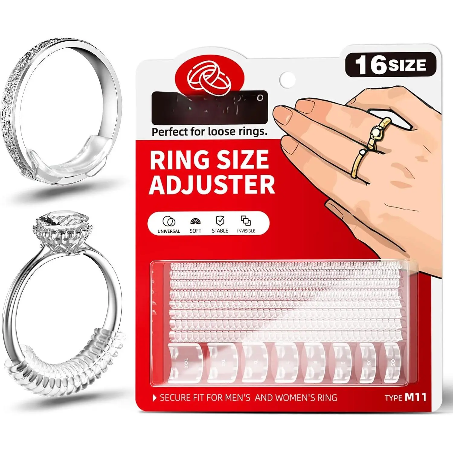 Ring Size Adjuster for Loose Rings, 16 Sizes Ring Spacers & Spiral Guards, 2 Styles Invisible Ring Reducer Tightener, Transparent Ring Fit Tool for Women & Men, Easy to Use