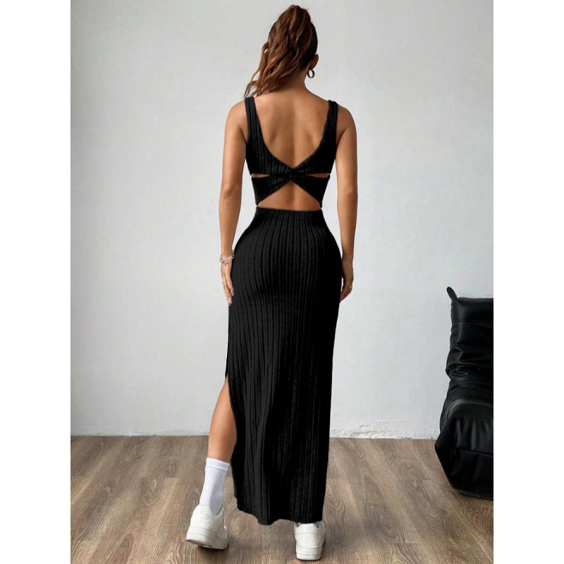 SHEIN MOOSTA Women Plain Simple Sleeveless Side Split Casual Dress Maxi Women Outfit