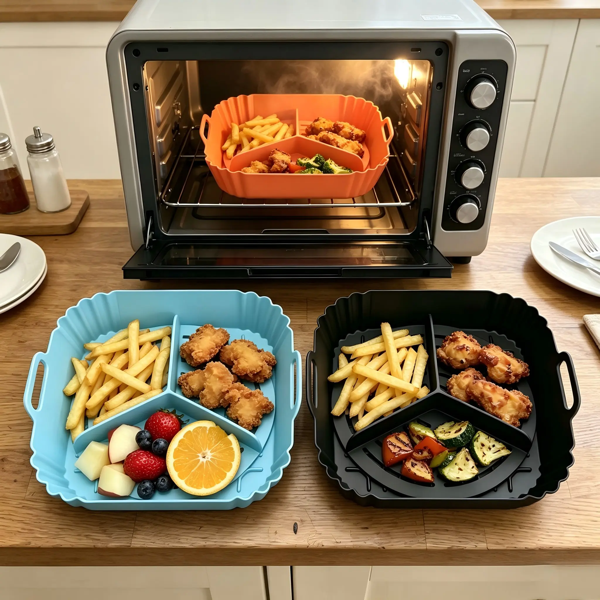 Silicone baking tray, square baking pan, with handle for heat protection, three-section design, high-temperature resistant, suitable for grilling meat, french fries, fruits, air fryer, oven, steamer, for kitchen baking use.
