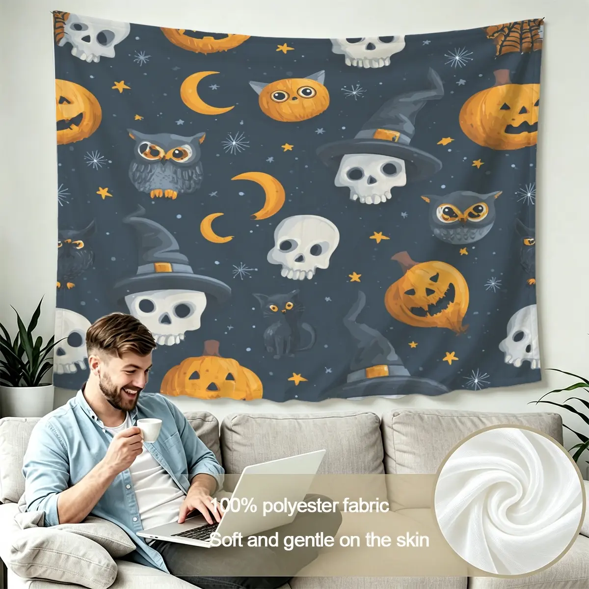 1pc Halloween Spooky Gothic Pumpkin Skull Owl Tapestry, 100% soft skin-friendly polyester fabric, high-definition printed wall tapestry, perfect for bedroom, living room, dorm wall decor, home soft furnishing, party backdrop, create a unique spooky