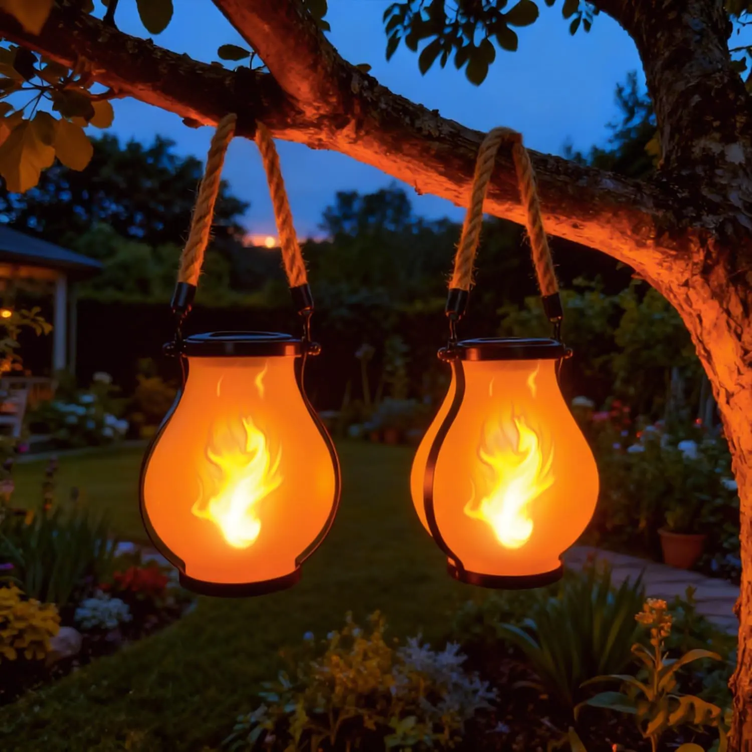 2 Pack Solar Flame Lantern   Outdoor with Realistic Dancing Flickering Flame Light Glass Solar Lamp for Women Gifts,Halloween,Christmas Yard Garden Patio Porch Decor