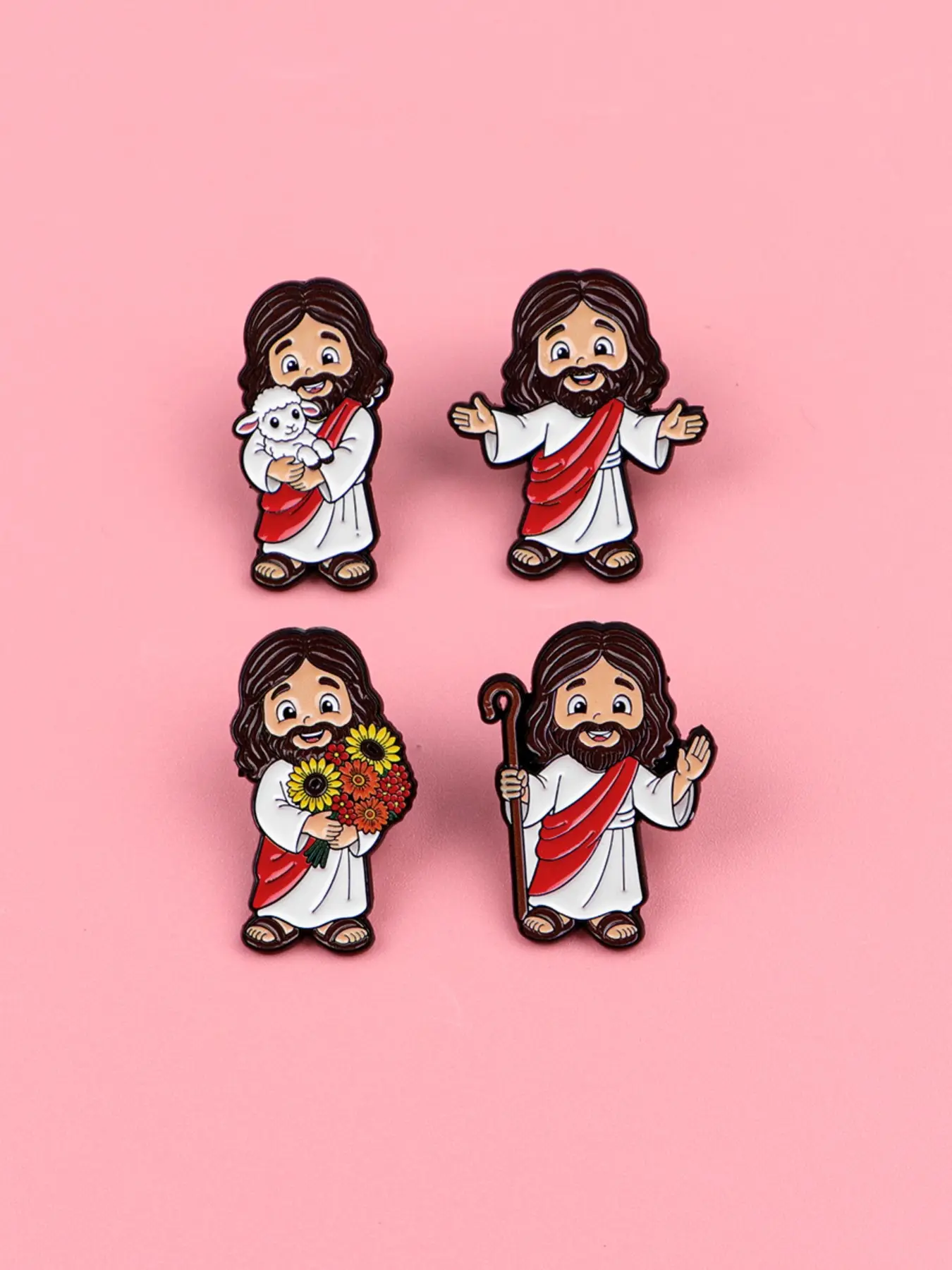 4pcs/set Jesus Enamel Lapel Pins Brooch Pin, Fashion Zinc Alloy Cartoon Design Shaped Badges, Perfect for Backpacks and Clothing, Ideal Gift for Friends and Family