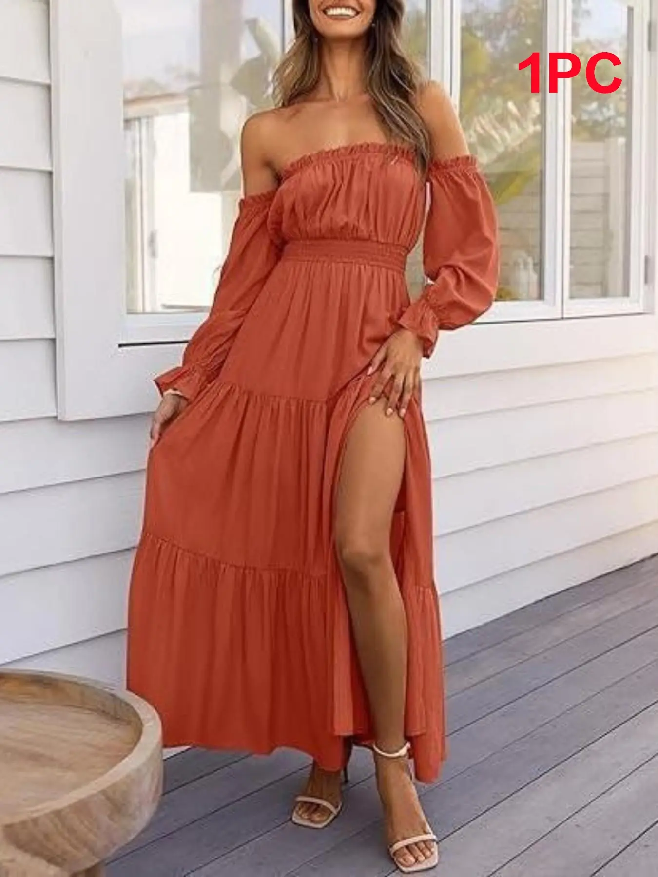 off the shoulder long dress casual Women's Tanya Off The Shoulder Sweater Maxi Dress in Brown