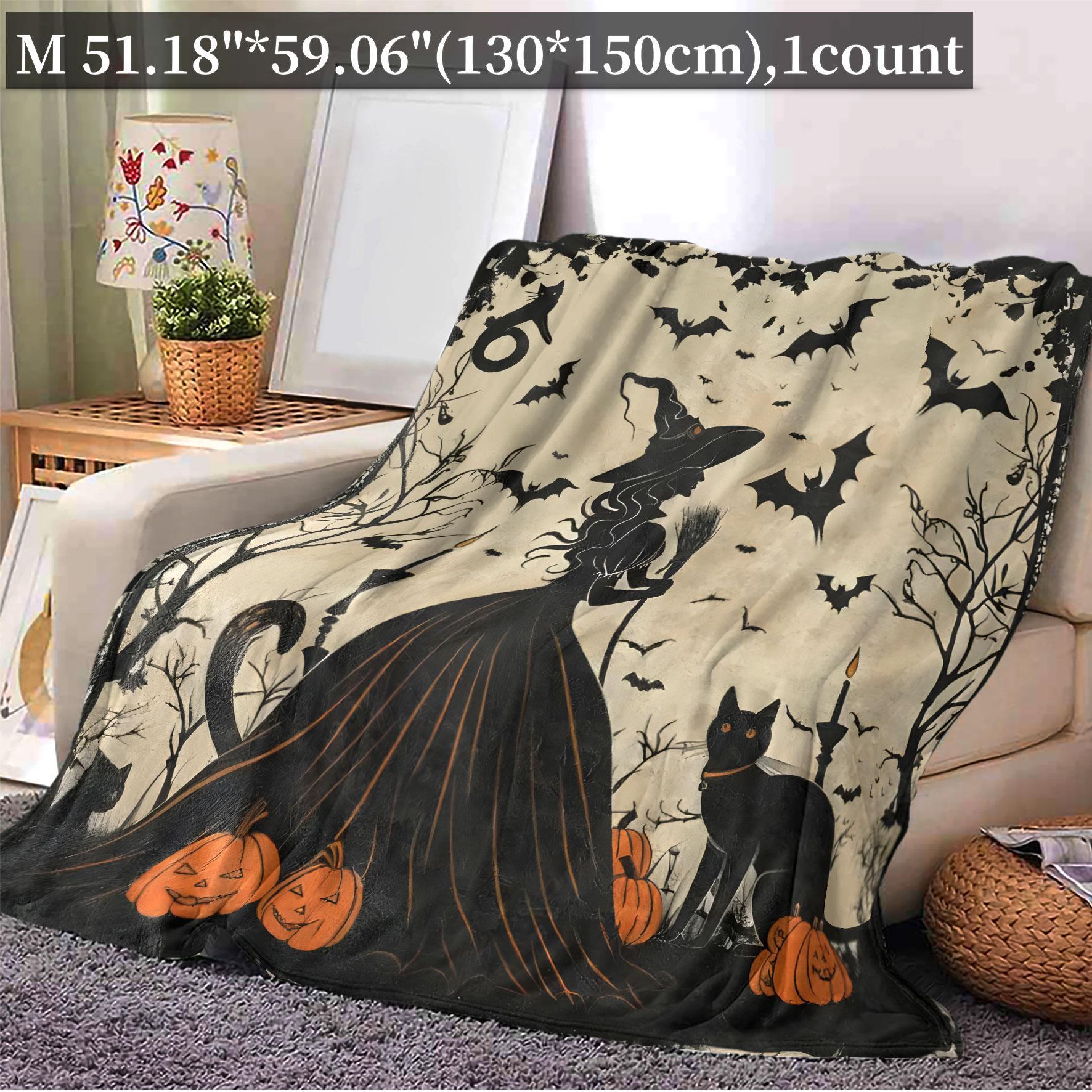 Cartoon Themed Decorative Giftable Blankets, 1 Count Witch and Black Cat Pattern Soft Cozy Throw Blanket, Air-conditioned Room Blanket, Warm Nap Blanket for Home Office Travel Camping, Bedroom Accessories, Travel Essentials, Christmas Gifts, Halloween