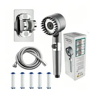 Three-mode massage shower head with built-in filter, including 5 replacement filter boxes, wall-mounted, modern bathroom fixtures, high-quality materials, polished finishes, round design, durable ABS material, shower-only, shower-only