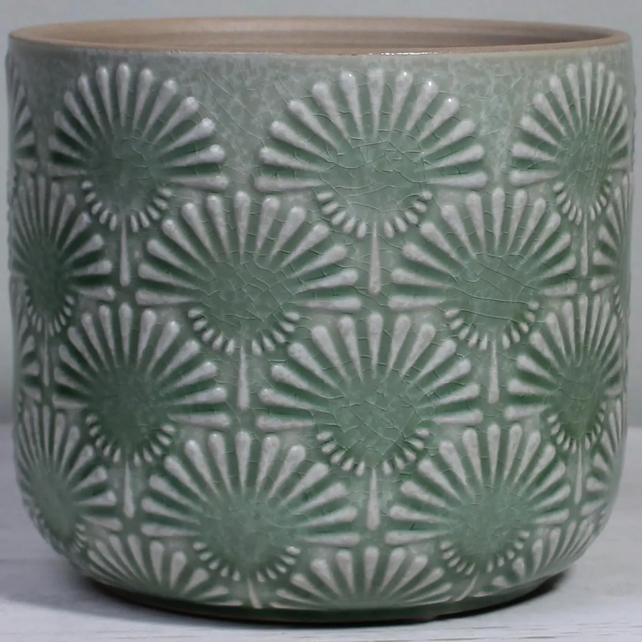 Boho Embossed Ceramic Flower Pot, 6.7 Inch Contemporary Pots for Indoor , Scandinavian Decorative Glazed Planter with Fan , Mint Green