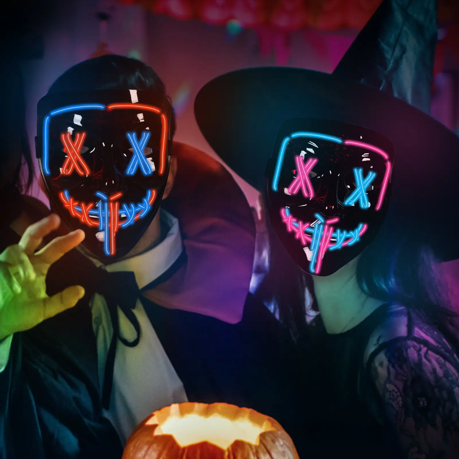 2-Pack LED Light-Up Purge Costume Masks, 3 Lighting Modes, Neon Glow Scary Face Masks for Halloween Cosplay & Masquerade Parties - Ice Blue + Blue/Red
