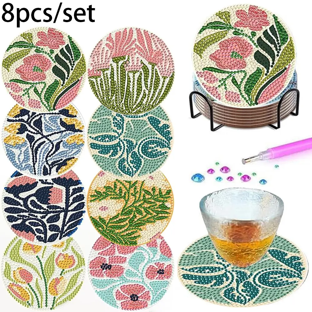 8-Piece Bohemian Plant Flower Diamond Painting Coasters, DIY Abstract Floral Art Coasters with Stand, Unique Handmade Craft for Plant Lovers