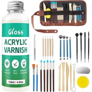 120ML Air Dry Clay  with 29 count Clay Tools Kit, Gloss Polymer Clay Kit and Clay Varnish, Pottery Tool Kit for Sculpting, Modeling, Shaping Crafts, High Gloss, Scratch Resistant