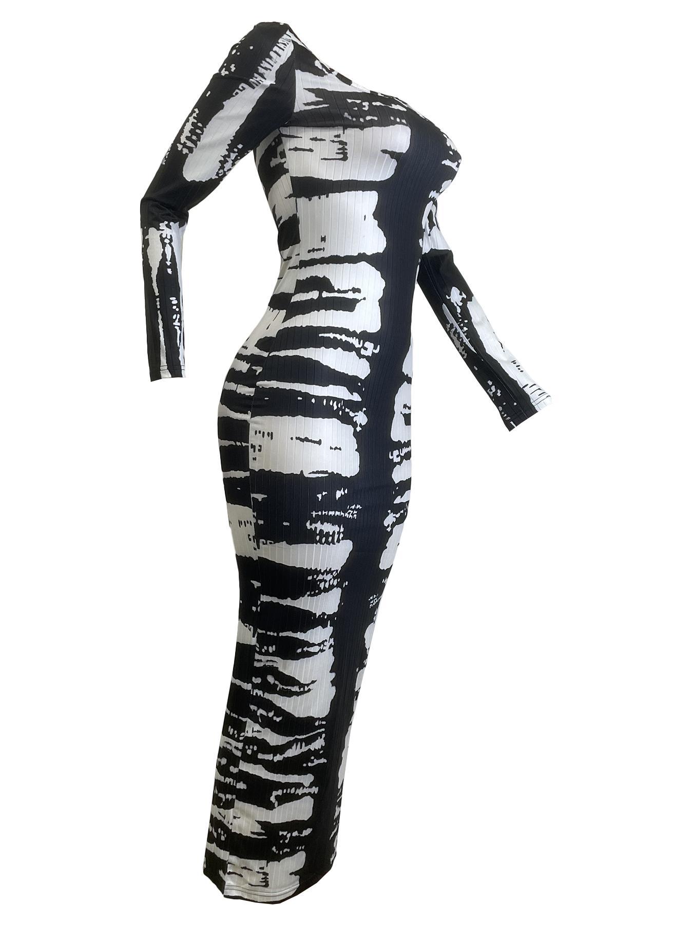 Women's U-Neck Ribbed Dress Spring New Corduroy Print Back Long Skirt, Fashion Sexy Elegant Casual Medium-Length Dress for Autumn Winter