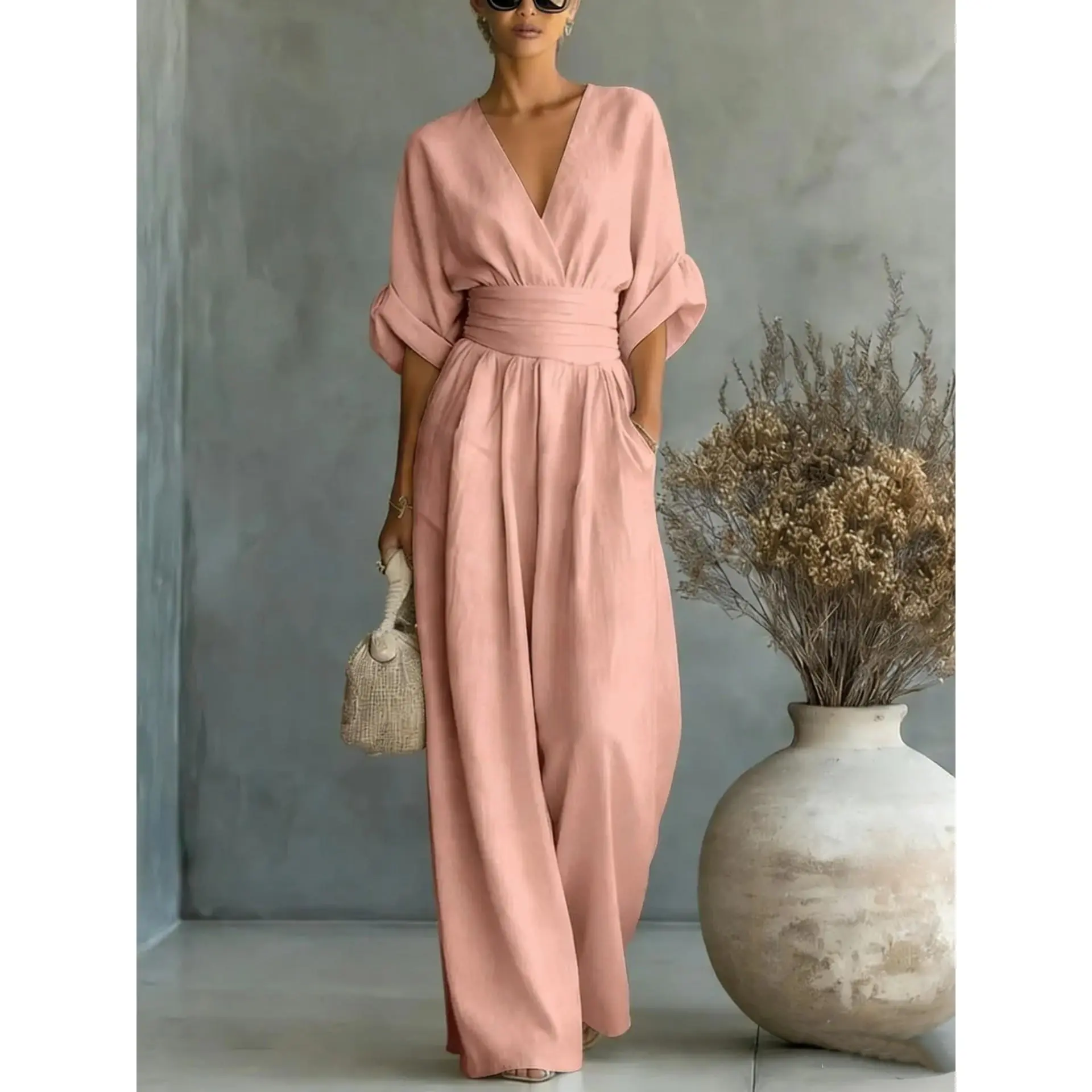 Women's Casual V-Neck Vacation Jumpsuit, Elegant Half Sleeve Solid Polyester with a Loose Wide Leg Fit, M, Machine Washable