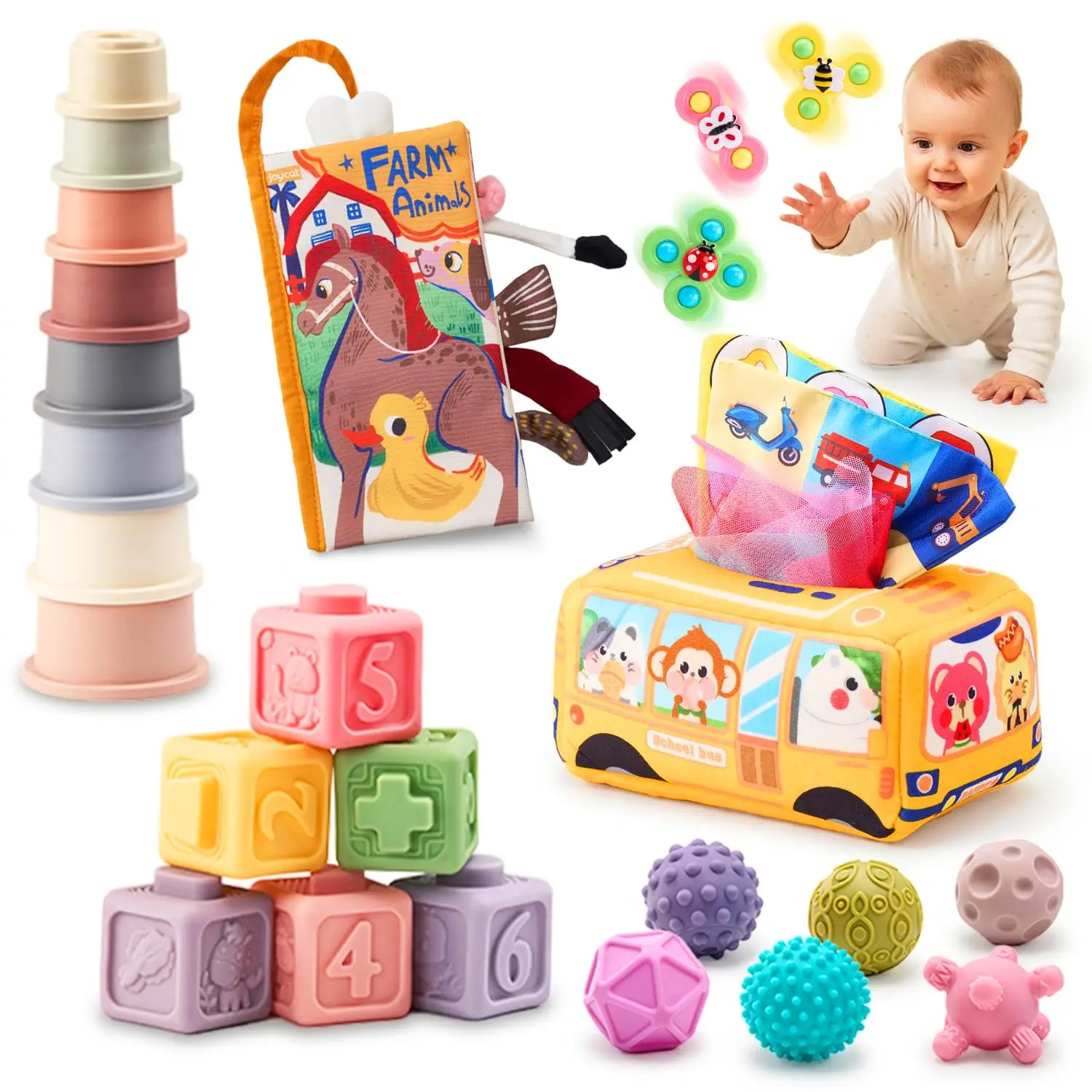 Baby Toys 6-12 Months, Montessori Sensory Baby Toy Set with Stacking Cups, Soft Blocks, Tissue Box Toy, Spinner Toys, Sensory Balls, Cloth Book, Infant Learning Toys, Baby Shower Giftfidget toys