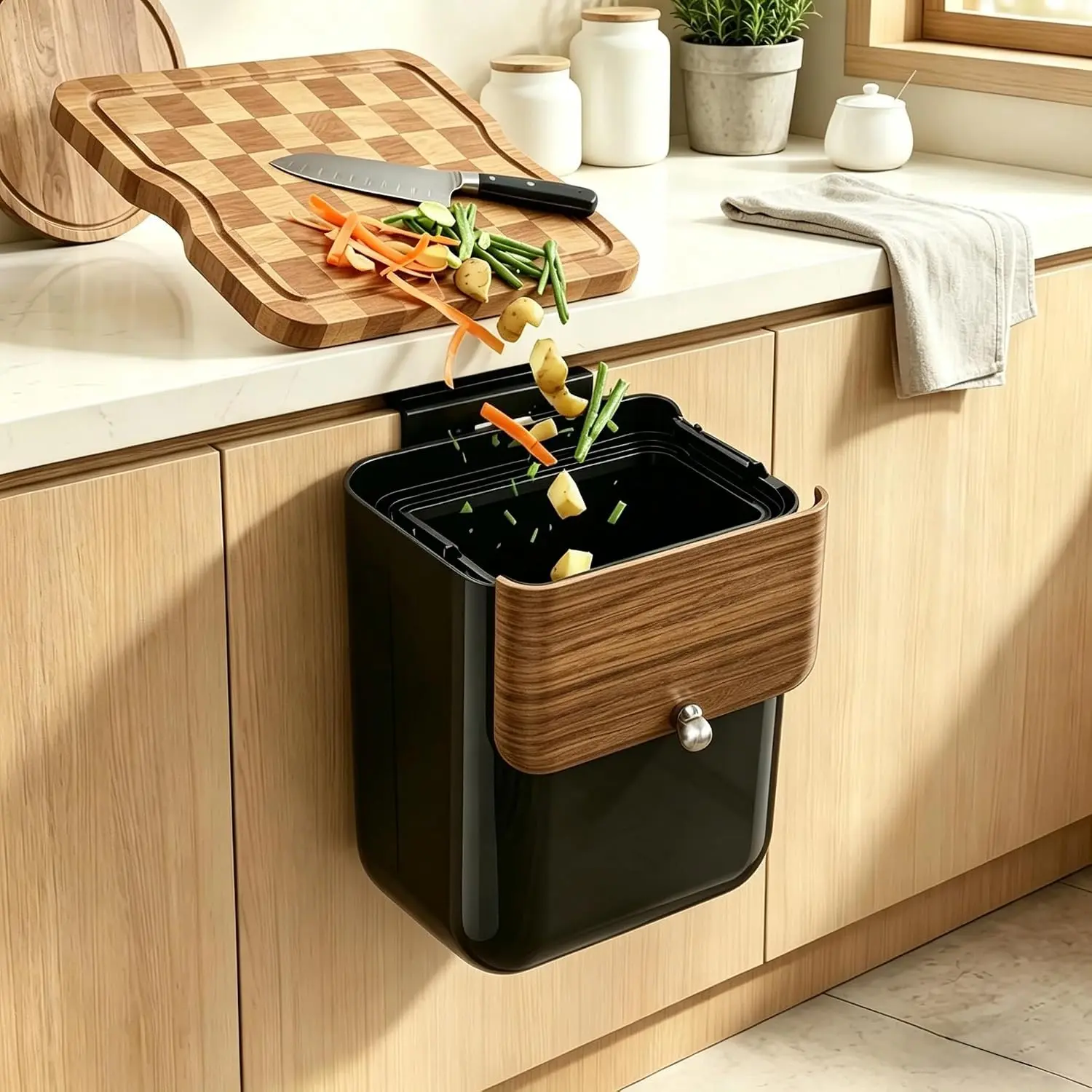 Large 3.2 Gallon Compost Bin, Under Sink Trash Can with Lid, Hanging Waste Cabinet for Office Kitchen Cupboard Bathroom Bedroom, Black