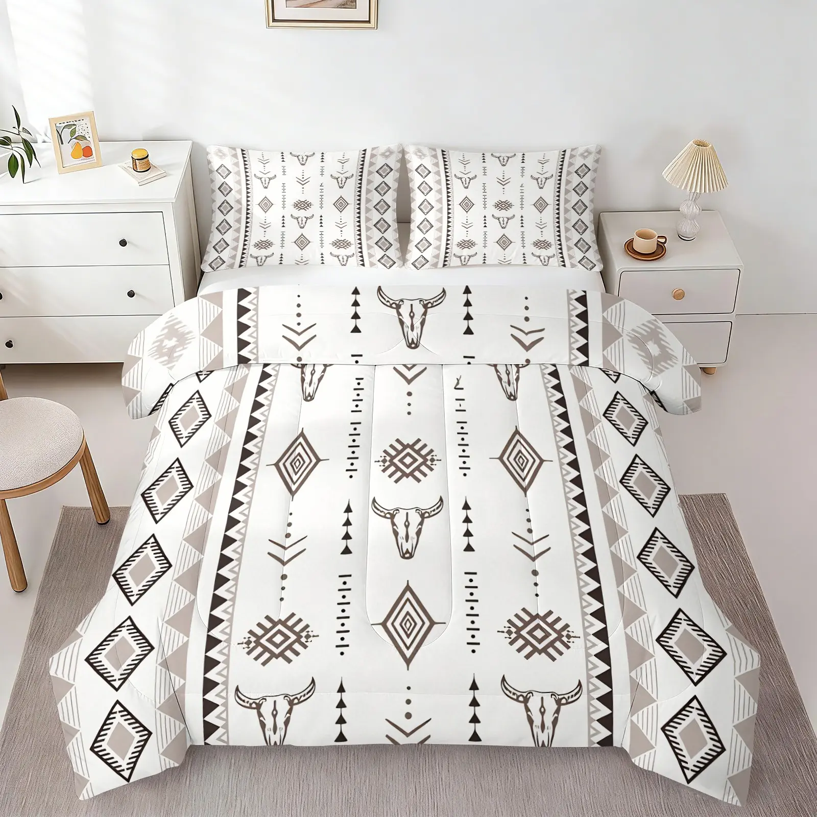 Western Bull Skull Breathable Microfiber Bed Comforter Set - Bohemian Aztec Southwestern Native Geometric Farmhouse Decorative Boho Duvet Set, Boho Bed Set, Includes 1 Comforter and 1-2 Pillowcases