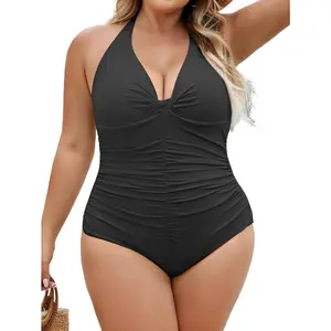 What women should wear in 2026B2prity Women's Plus Size One Piece Swimsuit Tummy Control Ruched Slimming Bathing Suit Halter V Neck Swimwear
