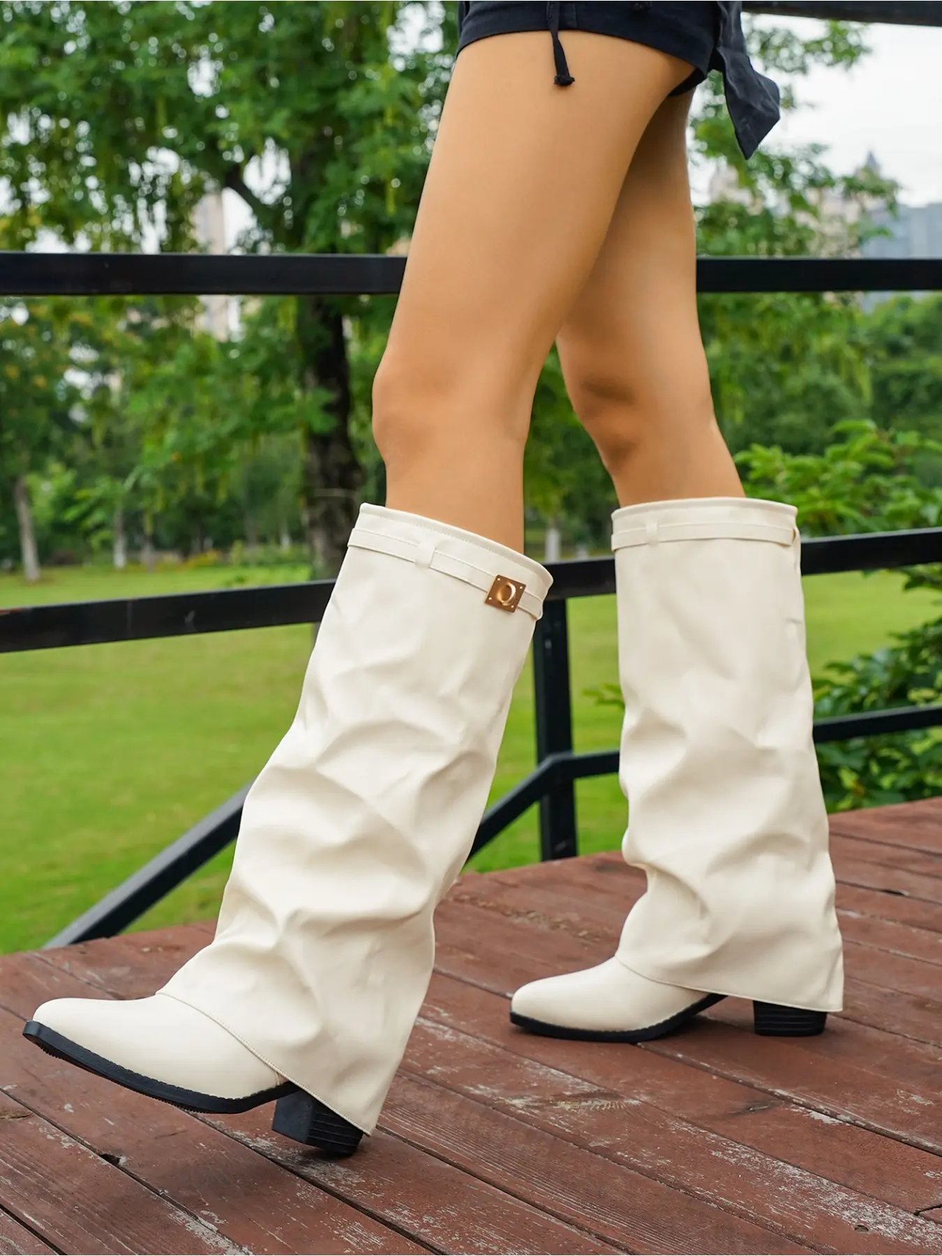 Women's Fold Over Tall Boots Black Faux Leather Upper Pointed Toe Wedge Heel Slouchy Ruched Shaft With Metal Buckle Detail Casual Boots for Daily Wear