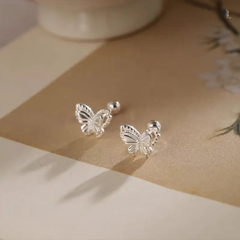 2‑Pcs Mini Silver‑Tone Butterfly Stud Earrings, Hollow‑Out Pattern Screw‑Back Ear Posts, Unisex Fashion Dainty Jewelry Accessories for Men & Women Daily Dating Party Casual Outfit Matching Wear