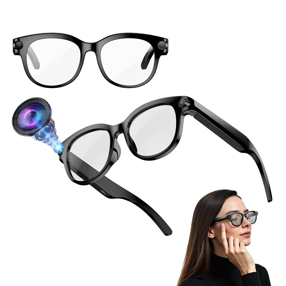 Smart Glasses with AI Translation, 2MP Camera, Hands-free Video Recording, 290Mah Battery, 39G Lightweight, Bluetooth Calling, Music Playback, Magnetic Charging ,2 Lenses (Transparent +White Lenses), Wearable Tech Glasses, Wireless Smart Glasses