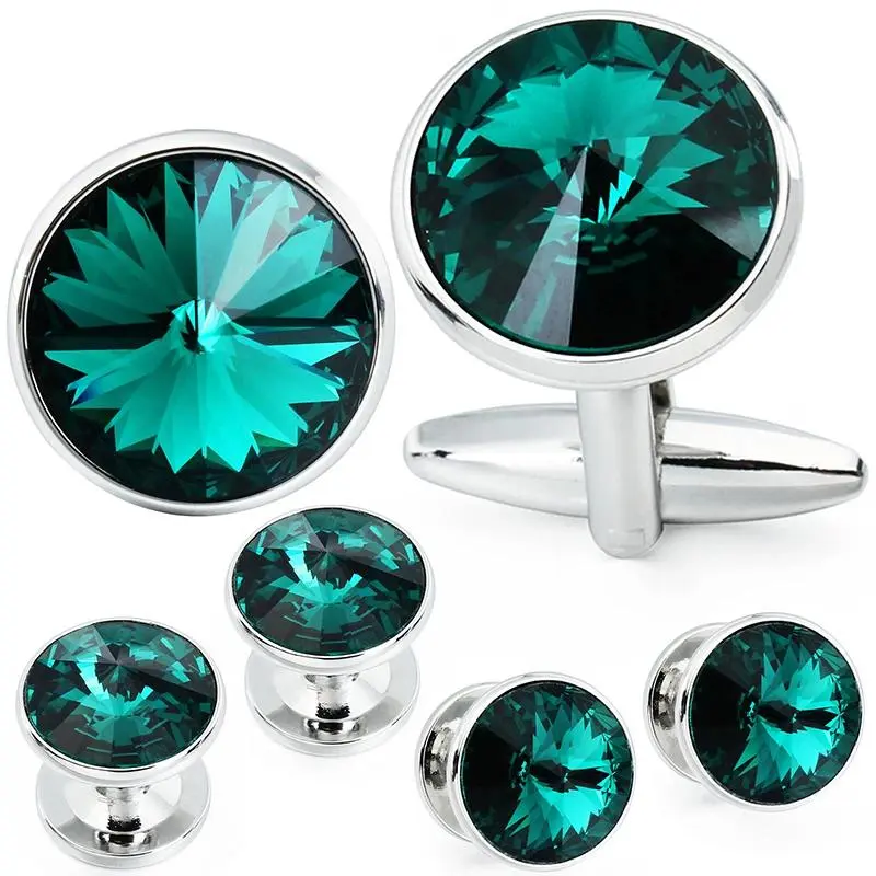 HAWSON Crystal Cufflinks and Shirt Studs Set Green Color Stone Mens Wedding Party Anniversary Birthday Jewelry Gifts for Him