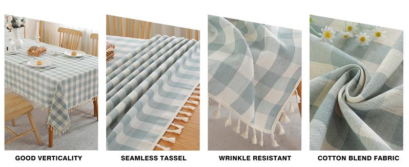 Checkered Tablecloth Rectangle Cotton Linen Fabric Gingham Table Cloth Buffalo Plaid Table Cover with Tassel Wrinkle Free Washable for Kitchen Dining Picnic, Blue and White, 55X55''