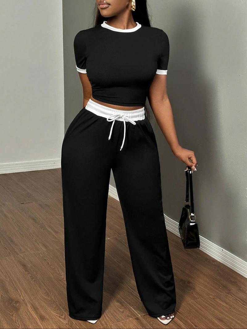 Women's New Casual Colorblock Slim Fit Round Neck Short Sleeve Top, Drawstring Waist Side Pocket Pants Two-Piece Set
