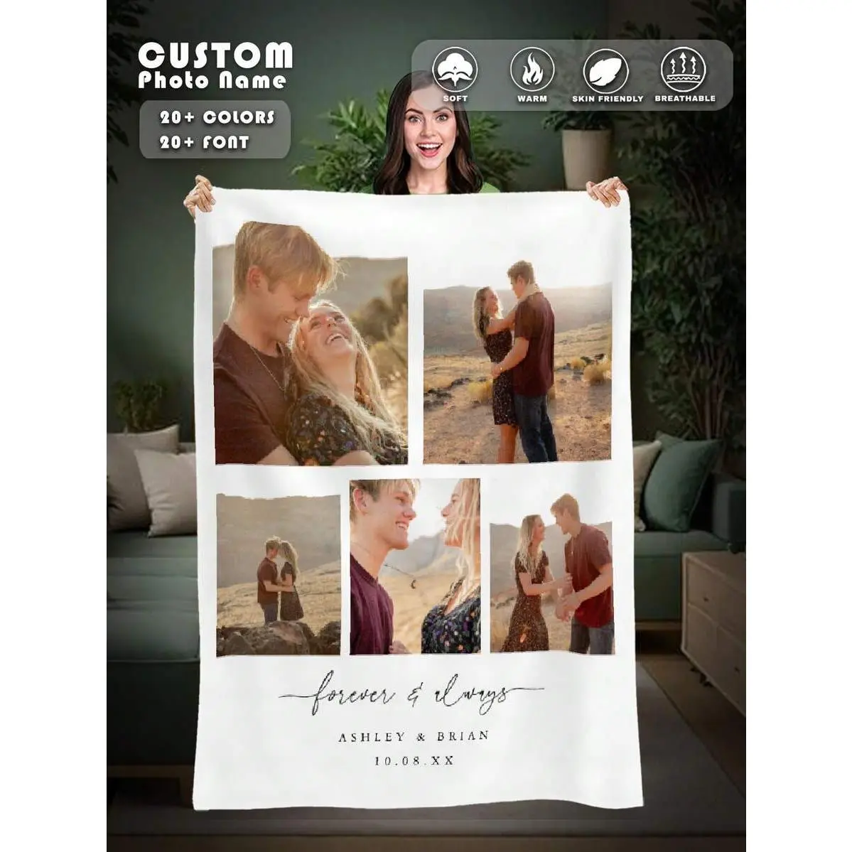 Personalized Forever Always 5 Picture Flannel Throw Blanket, Custom Tear Edge Ashley Brian Couple Soft Cover, Cozy Warm Romantic Gift for Girlfriend Boyfriend Her Him, Anniversary Home Decor for Couch Sofa Bed, Summer AC Nap Blanket, Memory