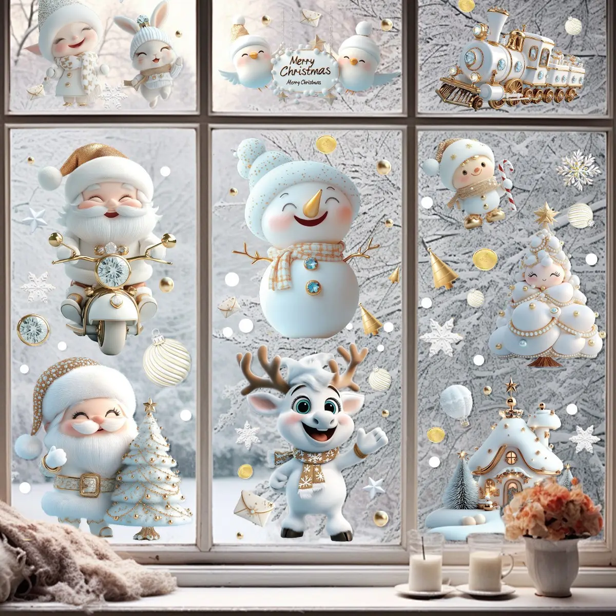 9pcs Christmas Glass Window Stickers, Static Cling Holiday Decorations, New Year Festival Scene Layout, Store Display Decals