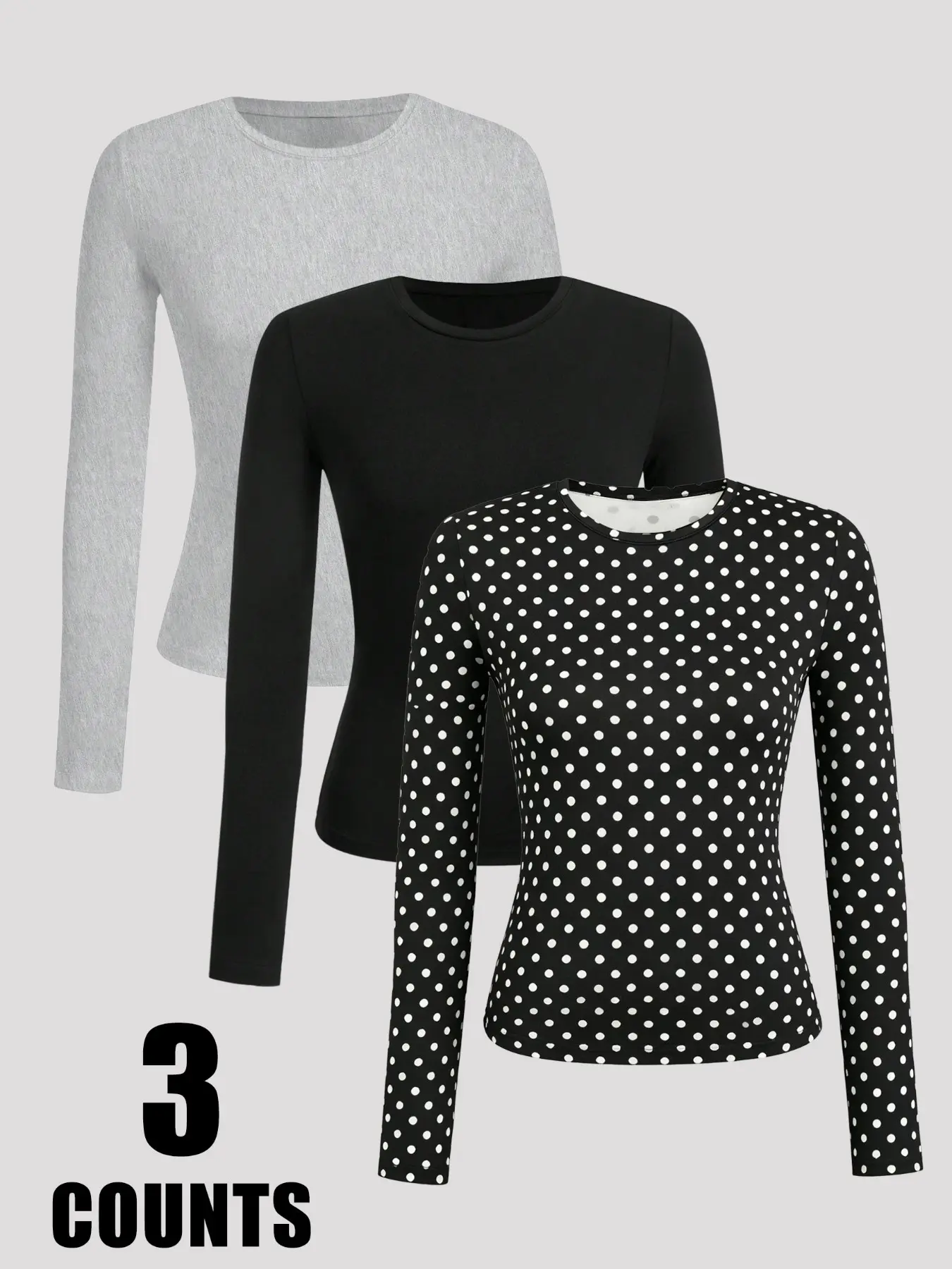 3-Pack Women's Round Neck Long Sleeve T-Shirts, Solid & Polka Dot Combo, Casual Loose Fit, All Seasons, Versatile Innerwear