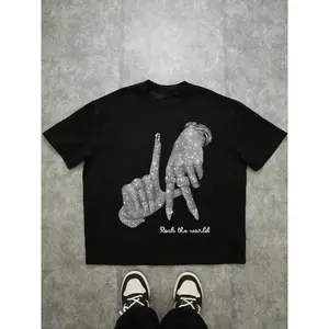 Men's Rock The World gesture graphic T-shirt, shiny rhinestone print hip-hop T-shirt, casual streetwear top, summer casual fashion top, loose fit cropped T-shirt, street trend, subculture style, holiday gift, same style for men(No genuine crystal beads)