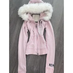 American Vintage Pink Furry Hoodie Women Y2K Harajuku Faux Fur Collar Jacket Fashion Slim Waist Belted Hot Girl Sweatshirt New