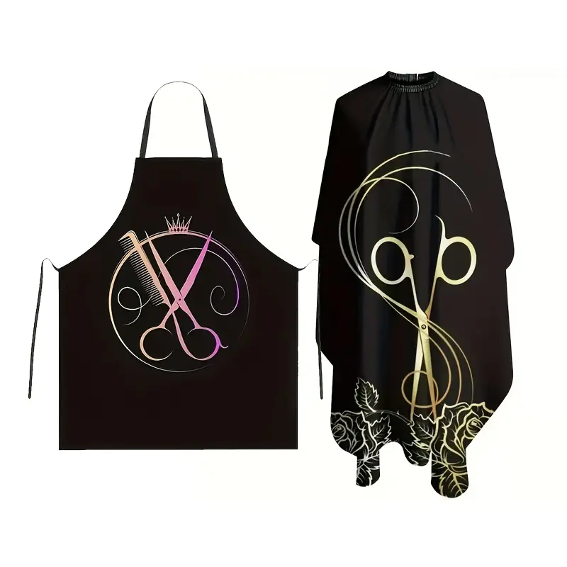2-Piece Hairdressing Cape & Apron Set with Scissors Pattern - Waterproof Barber Cloak & Salon Apron for Haircuts, Styling, Personal, Home and Barber Shop Hair Care