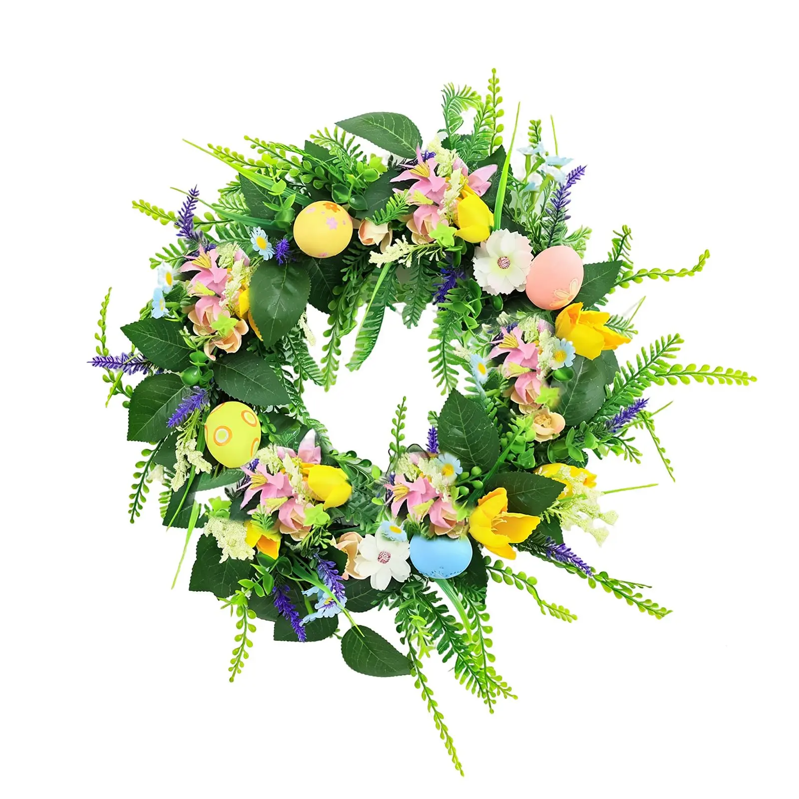 18 Inch Easter Wreath for Front Door, Artificial Egg Wreath with Flowers and Green Leaves, Spring Floral Wreath for Indoor Outdoor Home Decor